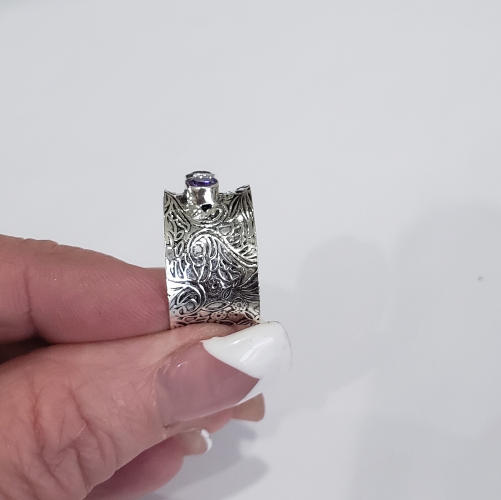 Amethyst ring, 925 silver amethyst ring, silver amethyst wide band ring - Picture 5 of 12